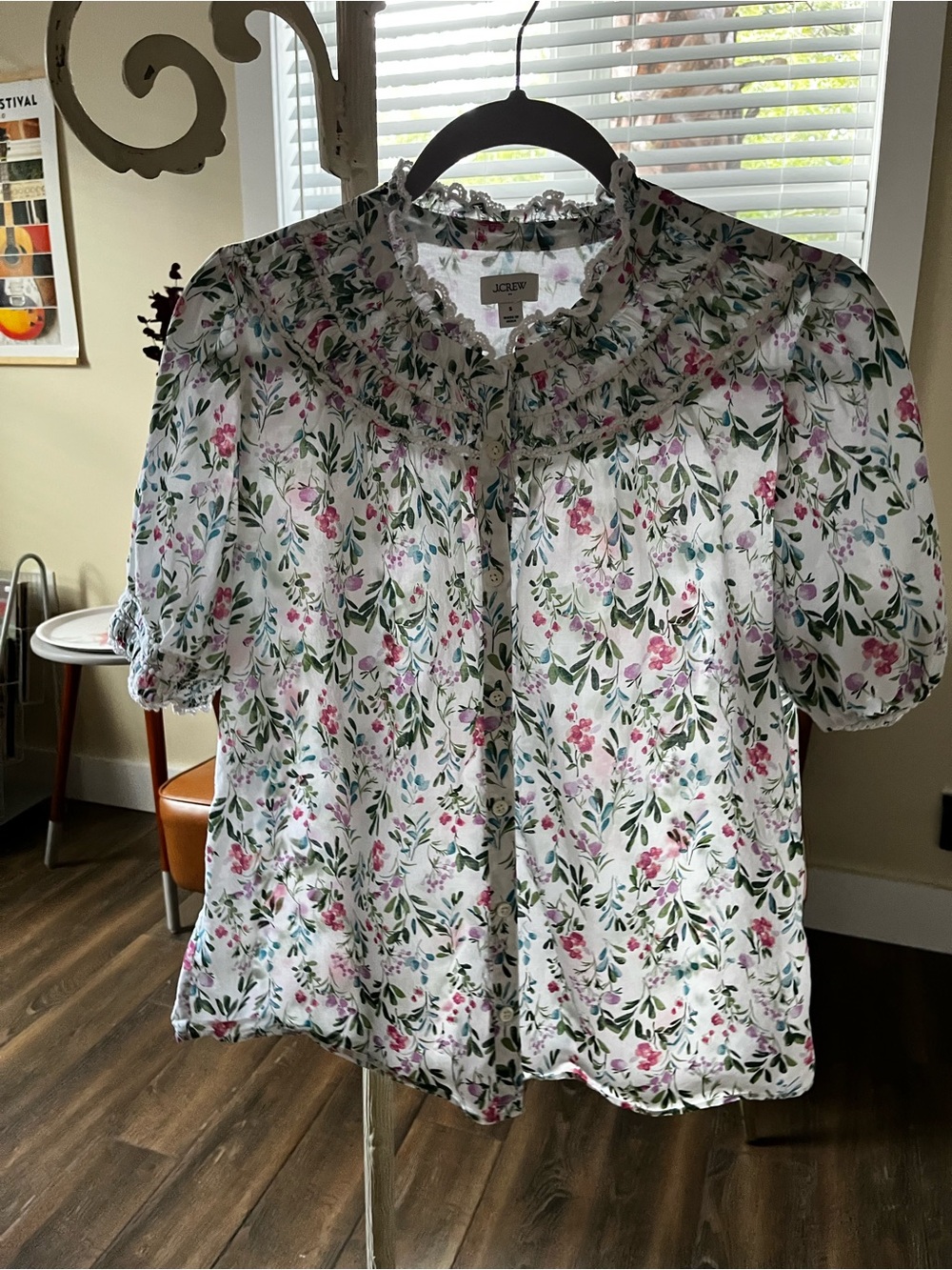 J. Crew Factory White Floral Ruffle Collar Button-Up Blouse